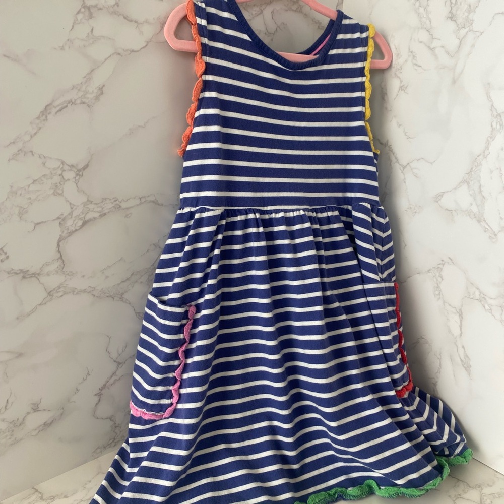 Mini Boden | Navy and White Striped Casual Dress with Colorful Trim | Size 4-5Y